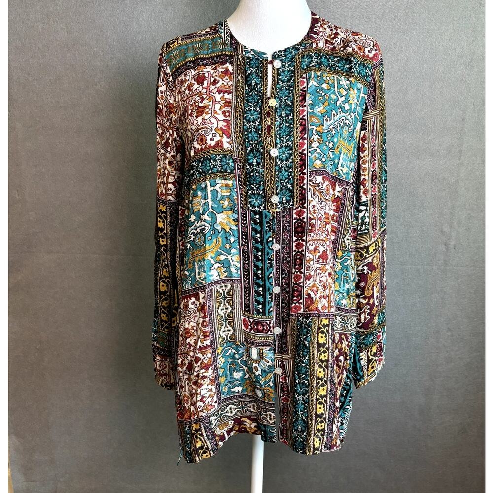 J. Jill Boho Patchwork Boho Western Long Sleeve Tunic Blouse Size XS